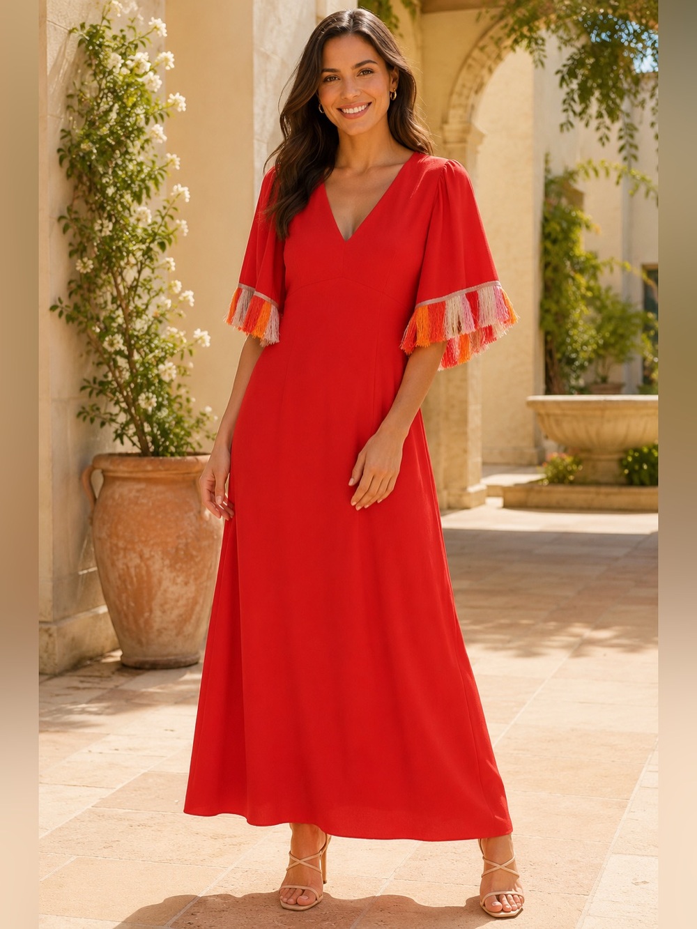 Traffic People Red Maxi Dress Multicolor Fringe Flutter Sleeve M